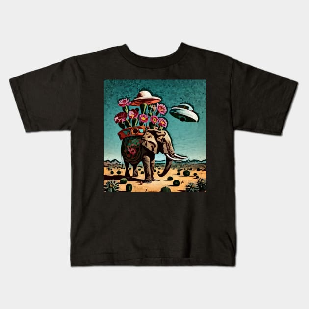 watercolor cactus on Elephant with UFO Kids T-Shirt by Catbrat